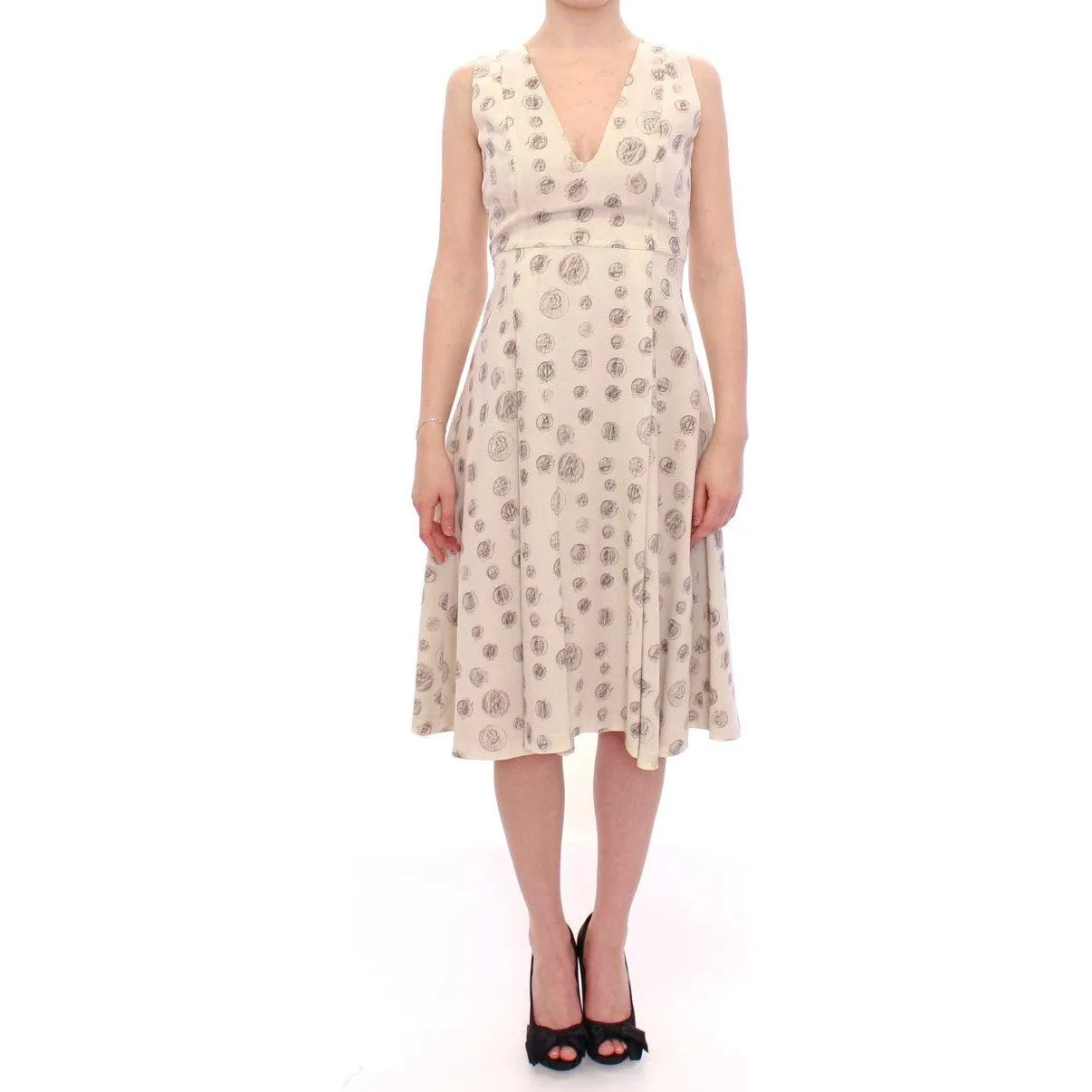 Andrea Incontri Elegant White Wool Shift Dress with Gray Print