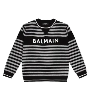 Balmain Striped Wool Sweater with Logo, Gray