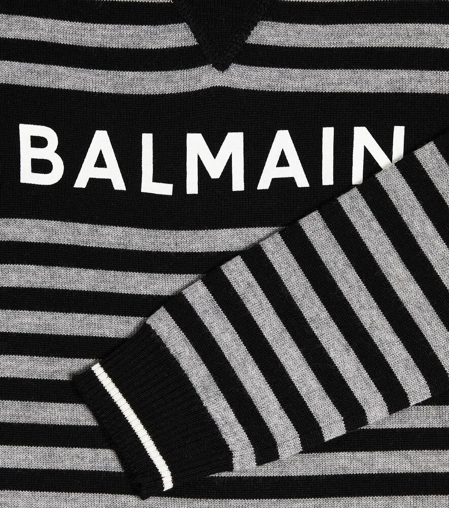 Balmain Striped Wool Sweater with Logo, Gray