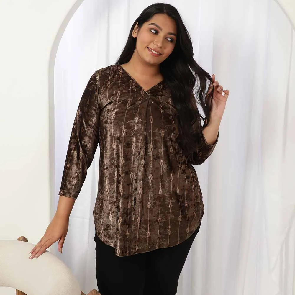 Brown V Neck Velvet Top