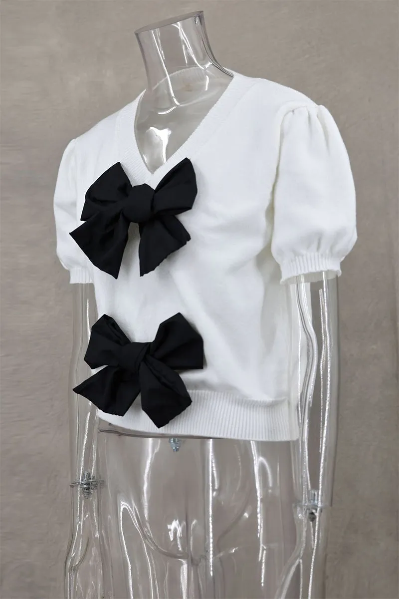 Casual Daily Solid Color Bow Decor V Neck Sweaters