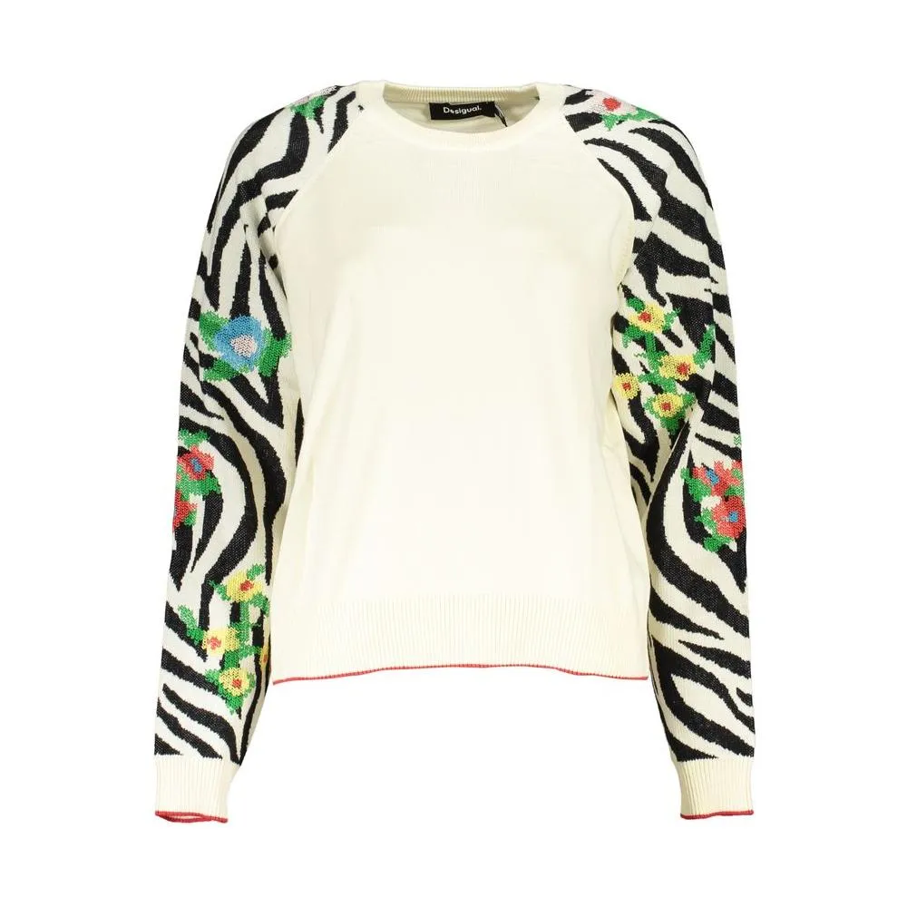 Desigual Elegant White Crew Neck Sweater with Contrast Details