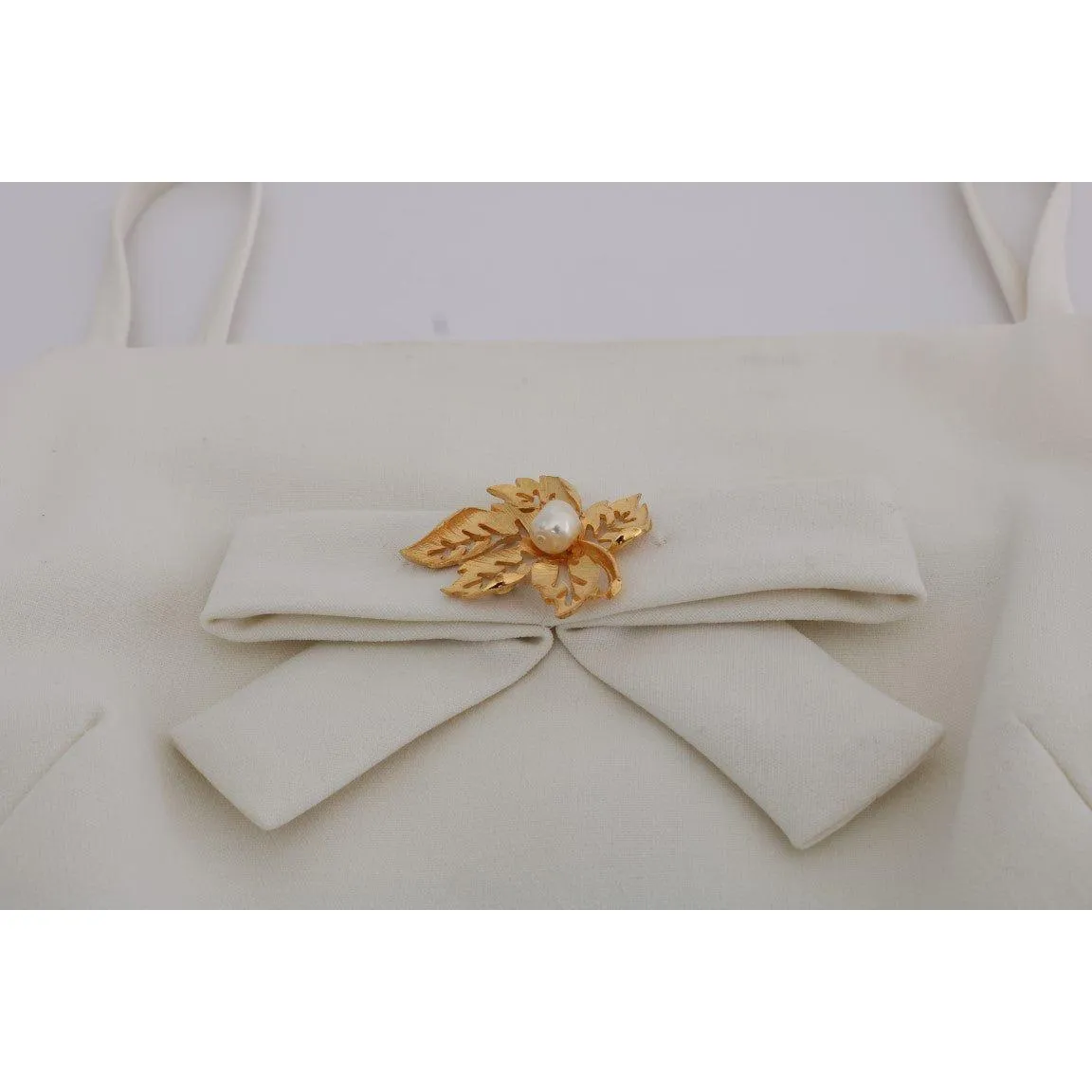 Dolce & Gabbana Elegant White Wool Shift Dress with Gold Brooch