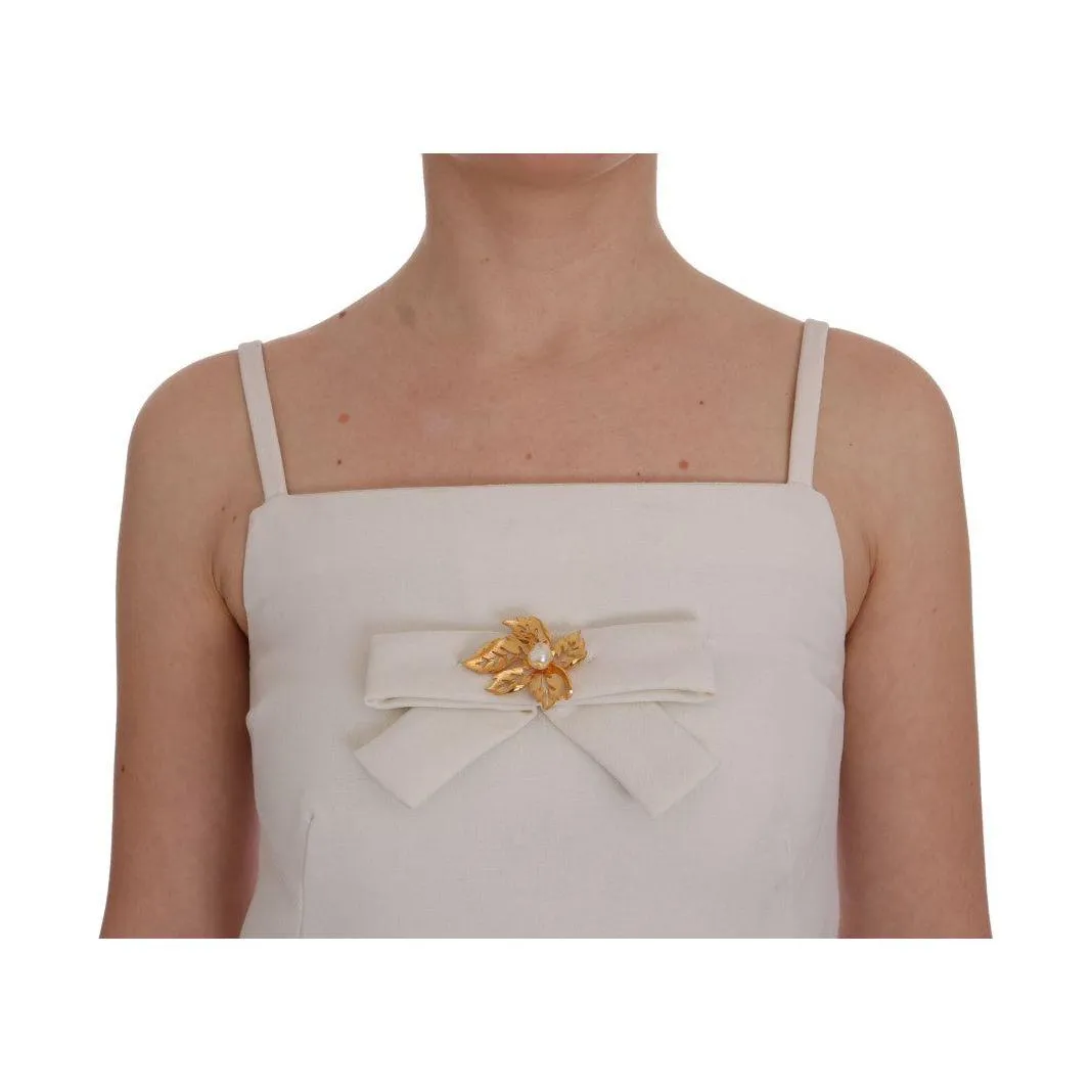 Dolce & Gabbana Elegant White Wool Shift Dress with Gold Brooch