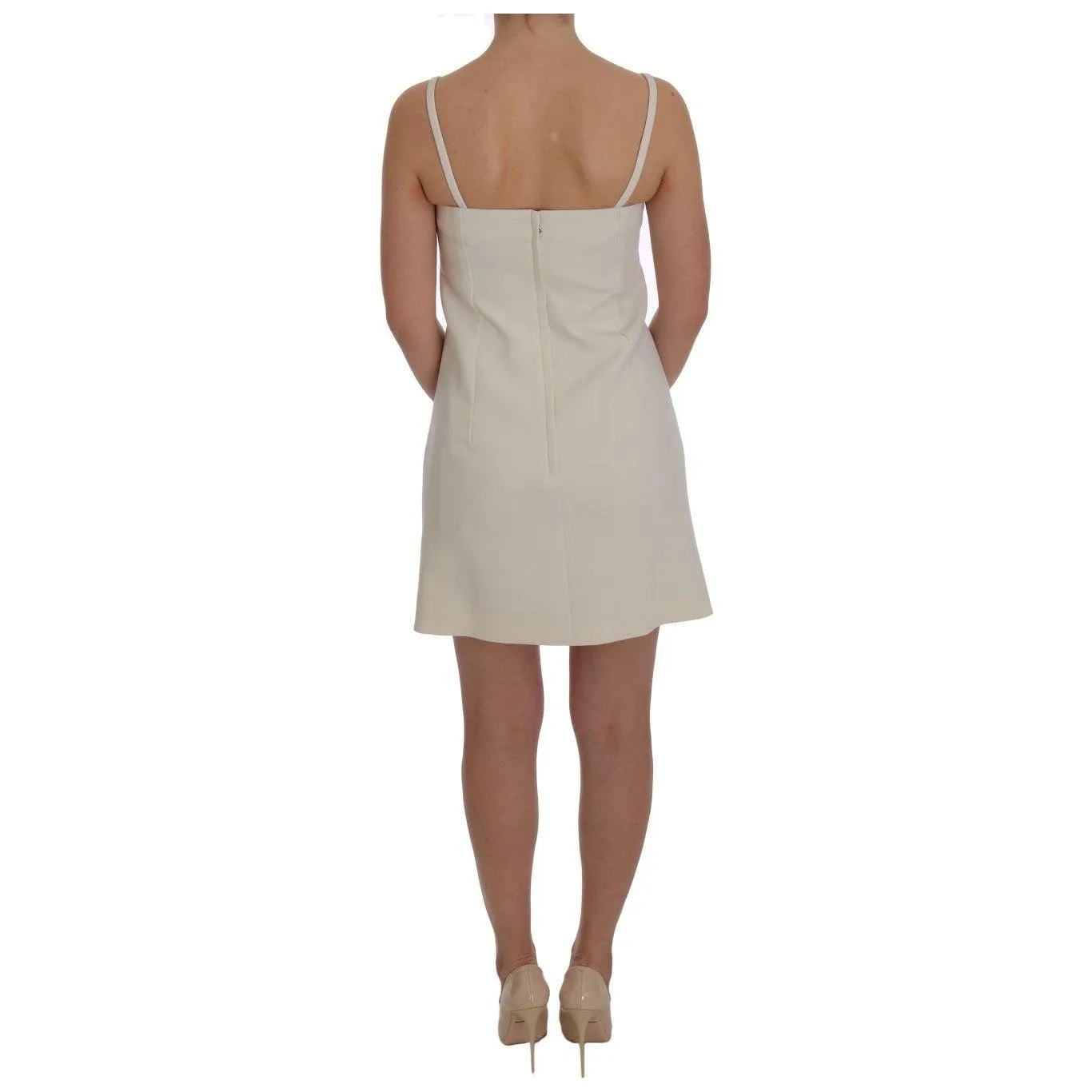 Dolce & Gabbana Elegant White Wool Shift Dress with Gold Brooch