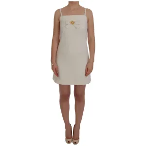 Dolce & Gabbana Elegant White Wool Shift Dress with Gold Brooch