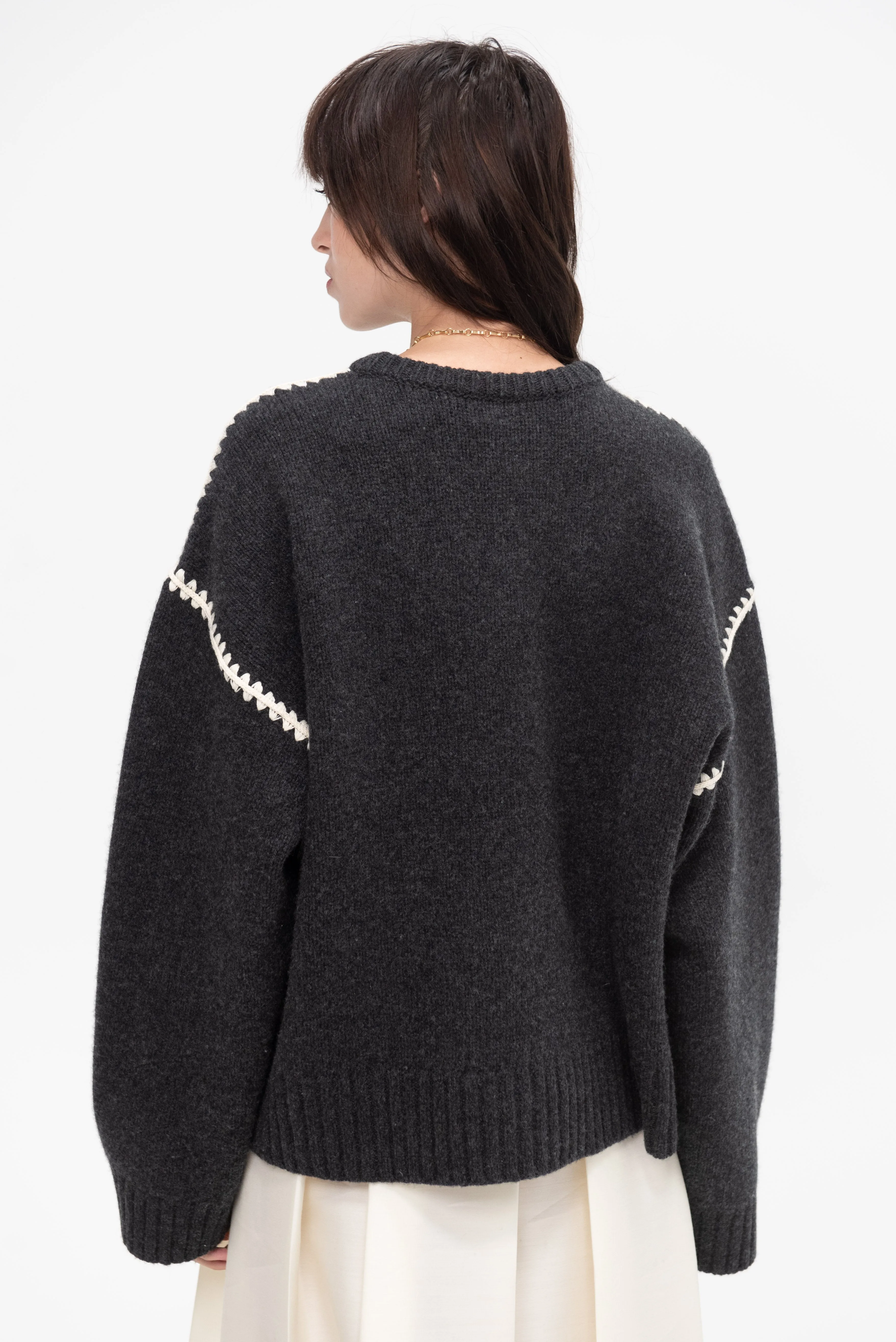 Embroidered Wool Cashmere Knit, Grey Melange