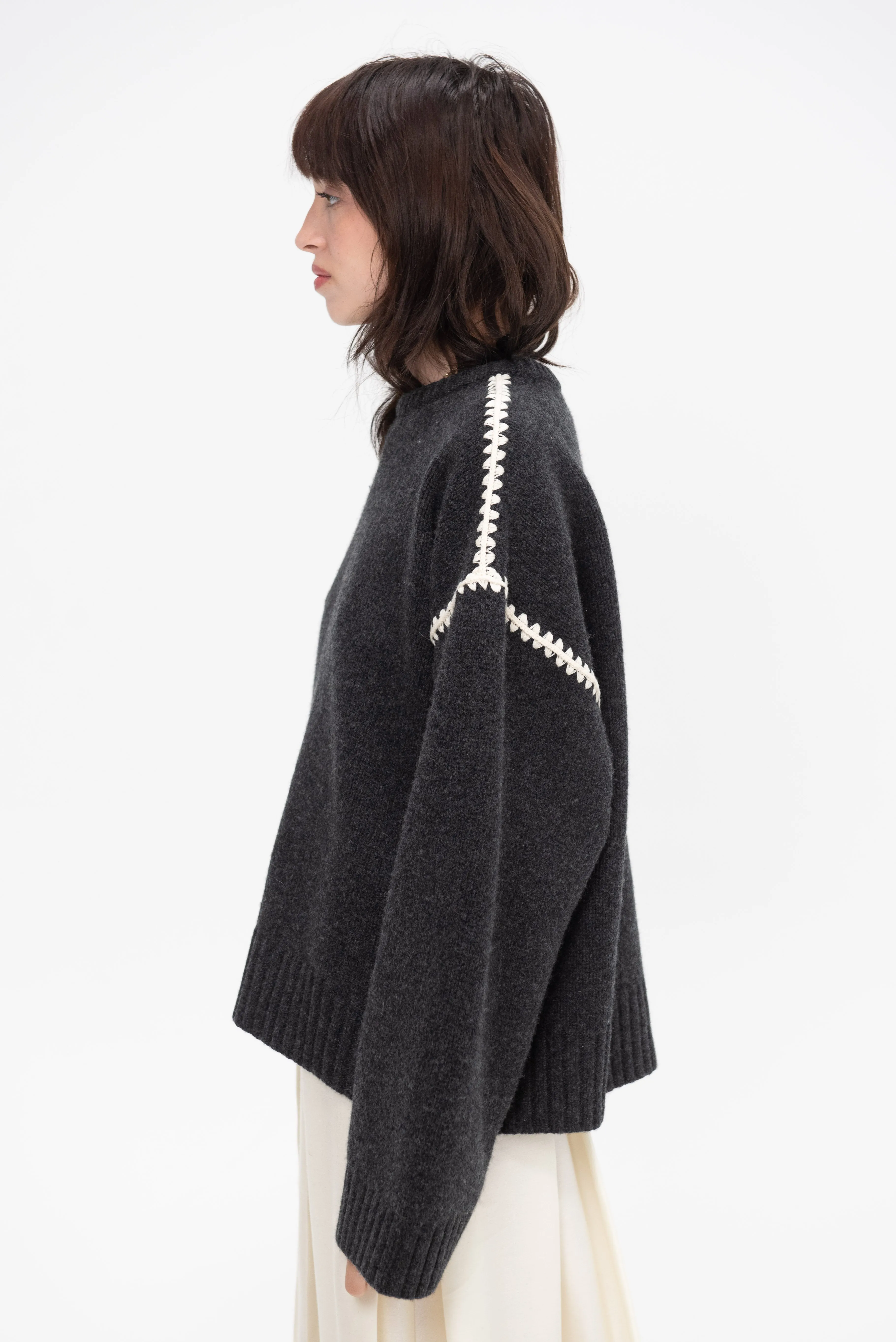 Embroidered Wool Cashmere Knit, Grey Melange