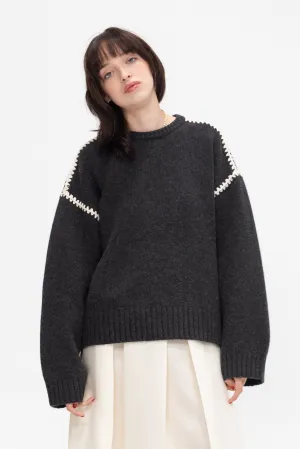 Embroidered Wool Cashmere Knit, Grey Melange