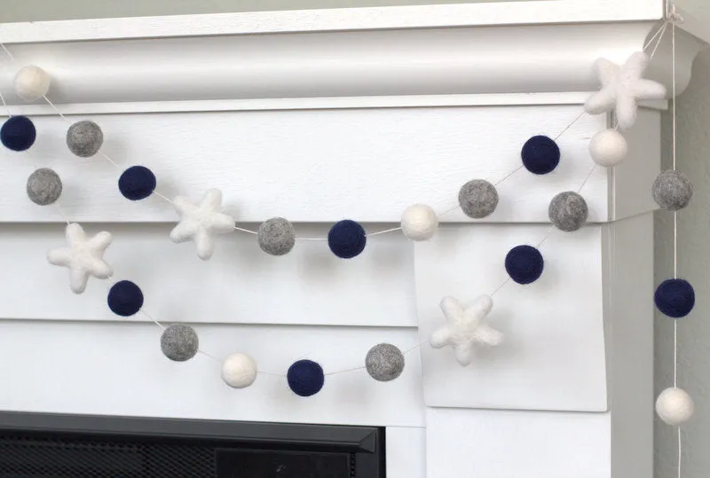 Felt Ball & Star Garland- Navy Blue, Gray, White