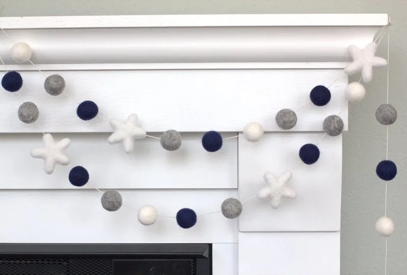 Felt Ball & Star Garland- Navy Blue, Gray, White