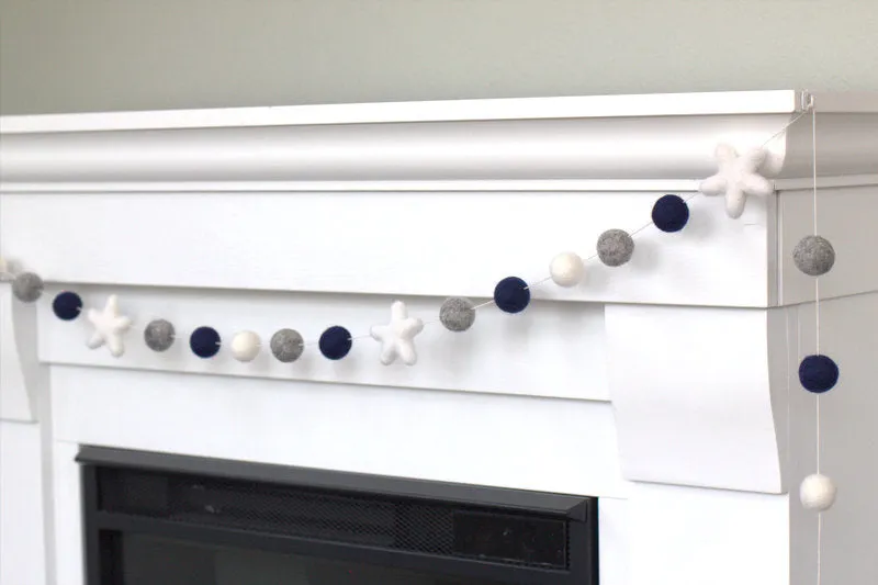 Felt Ball & Star Garland- Navy Blue, Gray, White