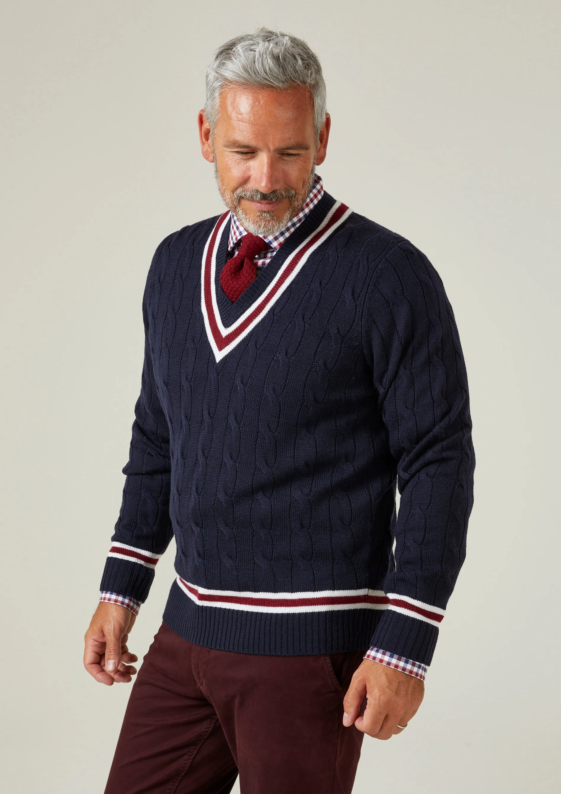 Grafton Men's Merino Wool Cable Cricket Jumper In Dark Navy - Regular Fit