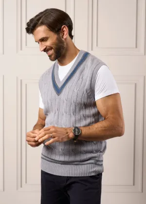 Grafton Men's Merino Wool Cable Cricket Jumper In Light Grey Mix - Regular Fit