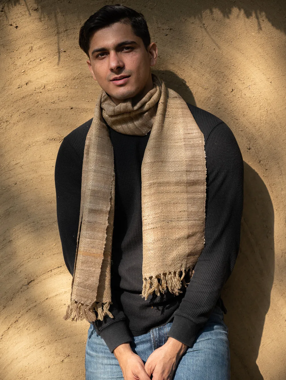 Hand Woven Wool & Tussore Muffler - Beige Herringbone