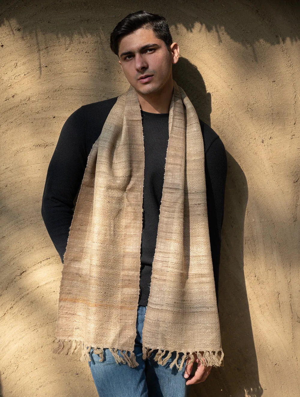 Hand Woven Wool & Tussore Muffler - Beige Herringbone