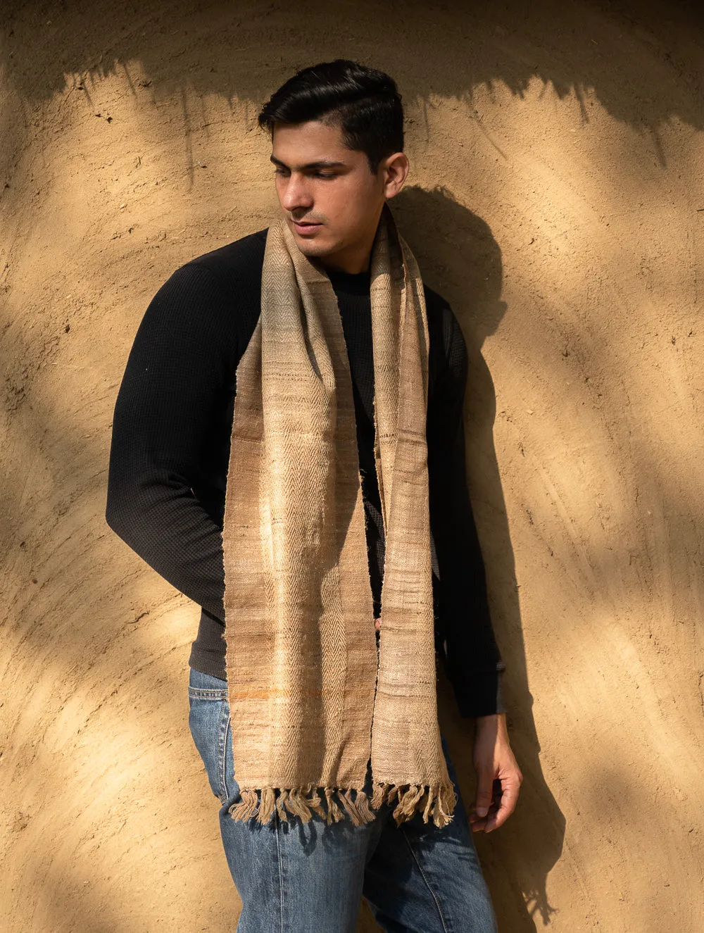 Hand Woven Wool & Tussore Muffler - Beige Herringbone