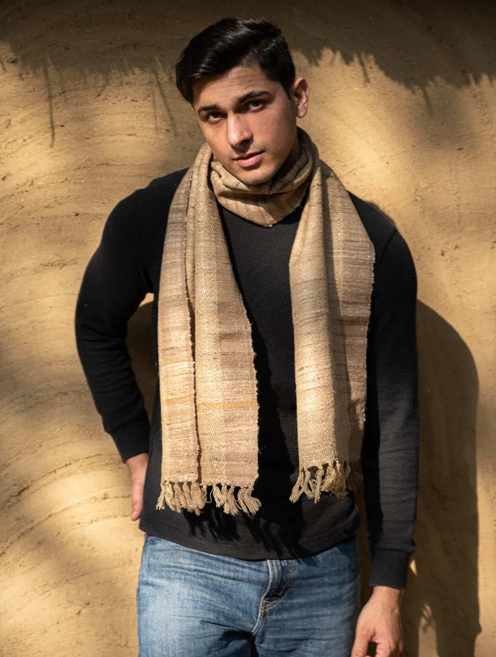 Hand Woven Wool & Tussore Muffler - Beige Herringbone