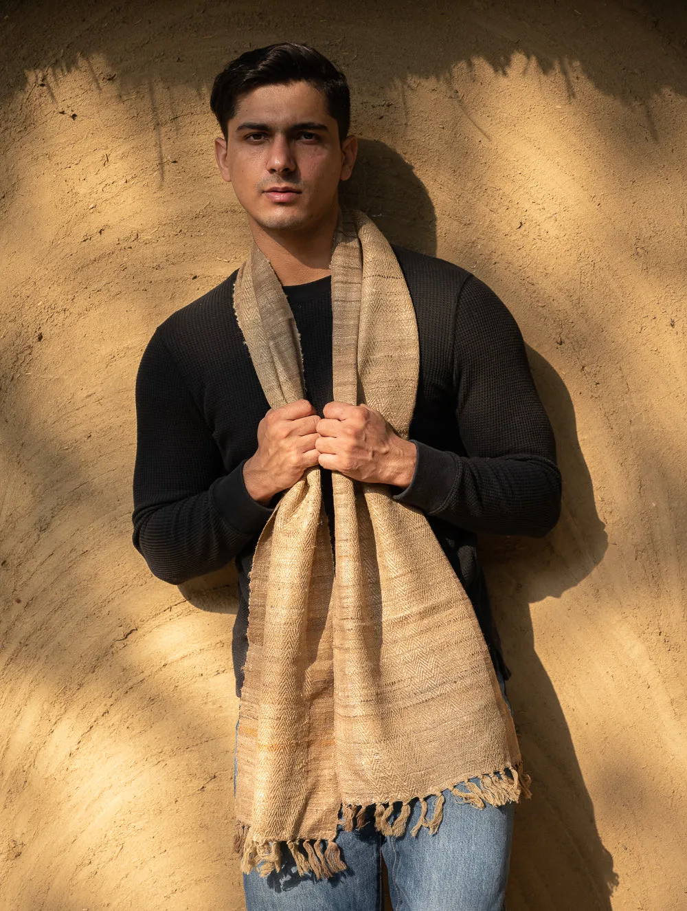 Hand Woven Wool & Tussore Muffler - Beige Herringbone