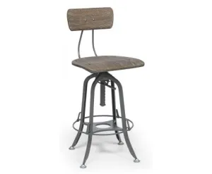 Industrial Swivel Height Adjustable Grey Oak Wood Bar Stool Chair with Back