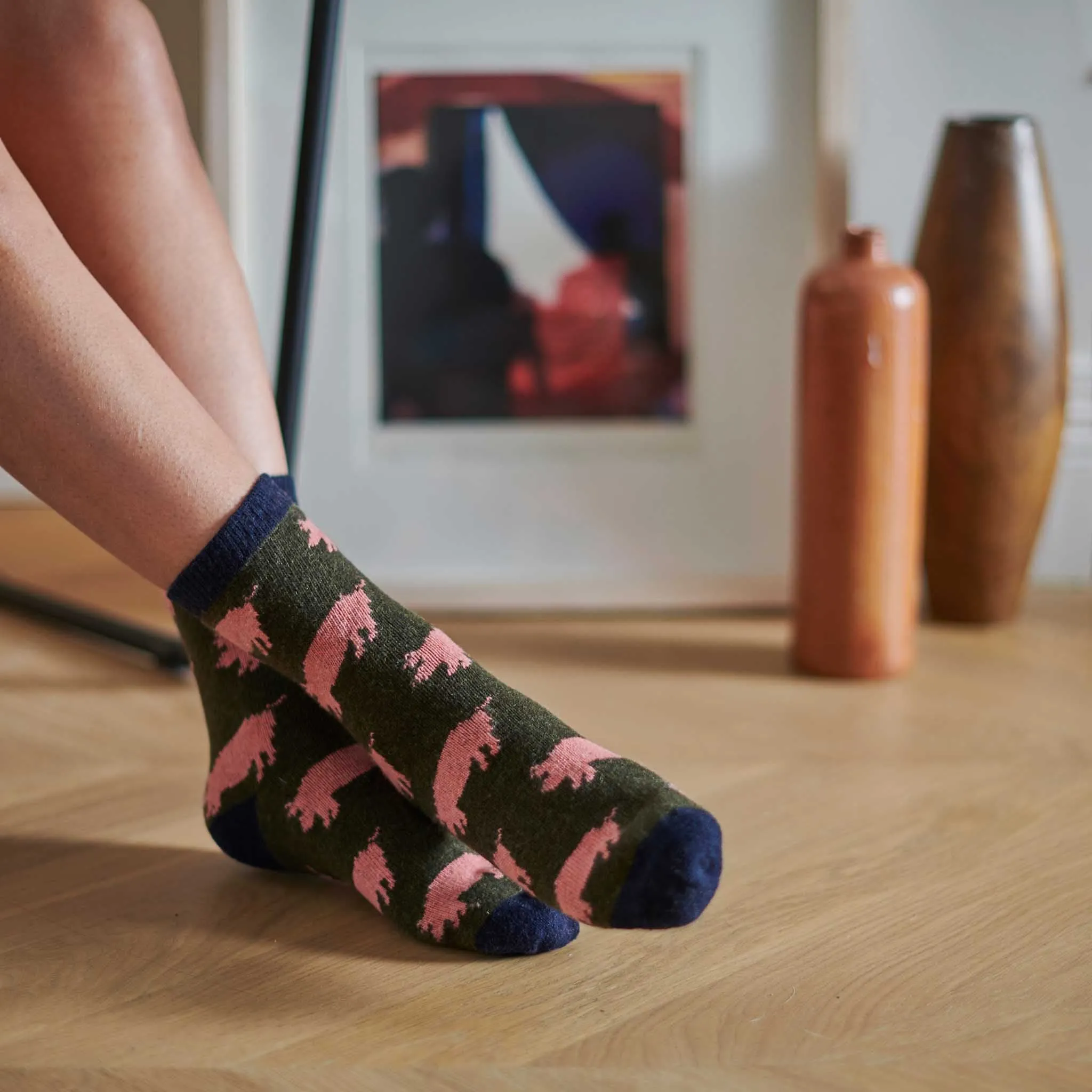 Ladies Khaki & Pink Pig Lambswool Ankle Socks