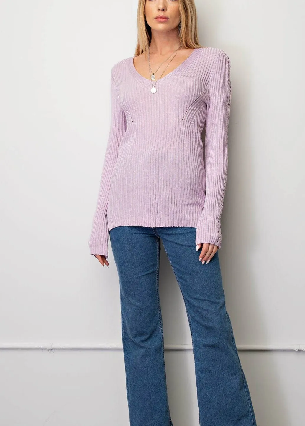 Lovely Lavender Ribbed V-neck Sweater