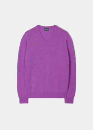 Men's Lambswool Vee Neck Jumper in Foxglove - Regular Fit