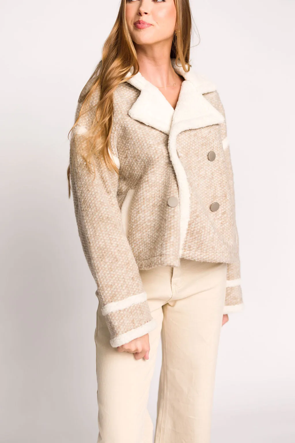 Presley Mixed Color Mini Pompom Jacket in Beige Combo