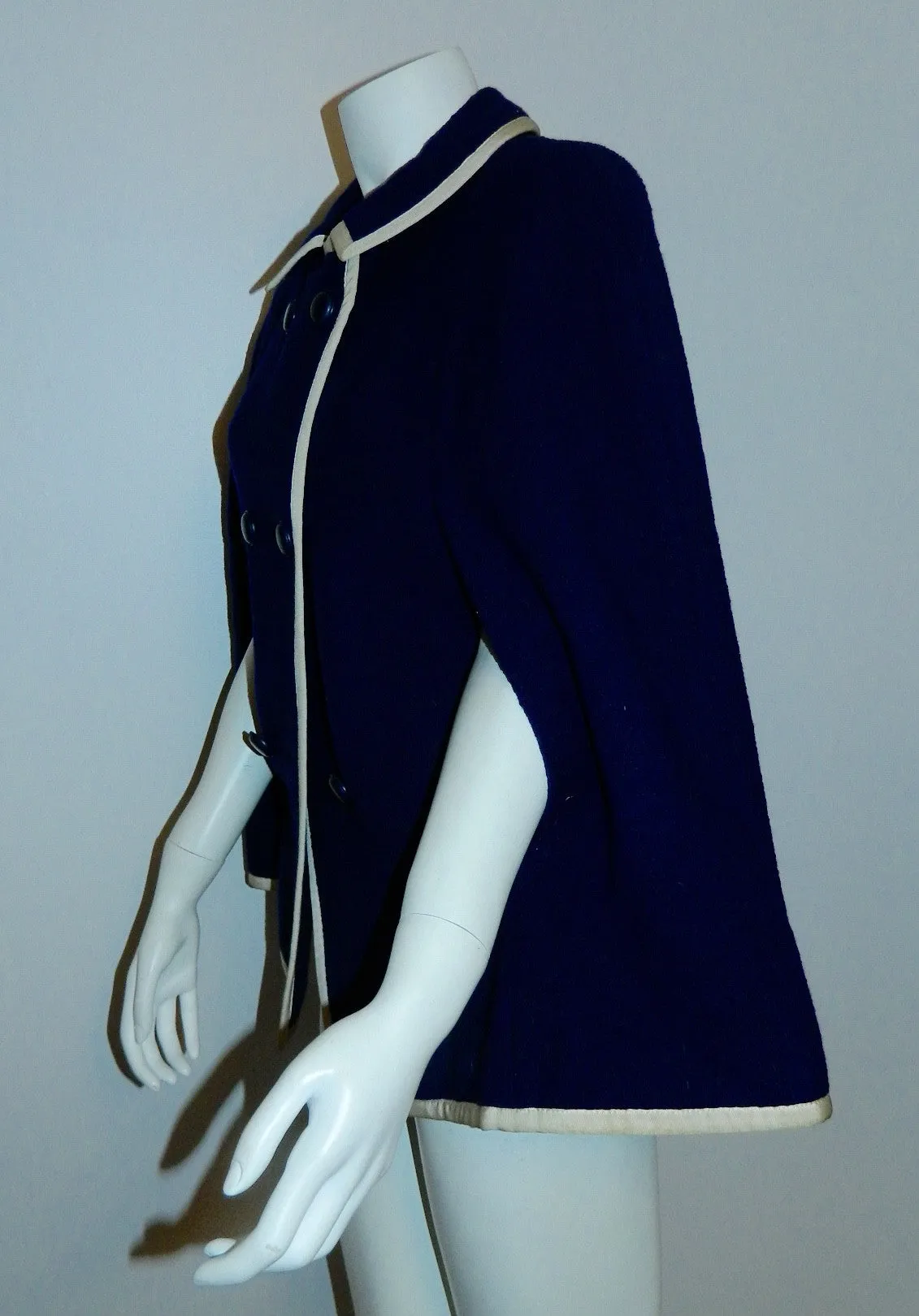 vintage 1960s blue wool cape / Handmacher navy boucle capelet jacket /white grosgrain trim