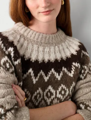 White   Warren - Plush Alpaca Blend Faire Isle Crewneck in Brown Combo