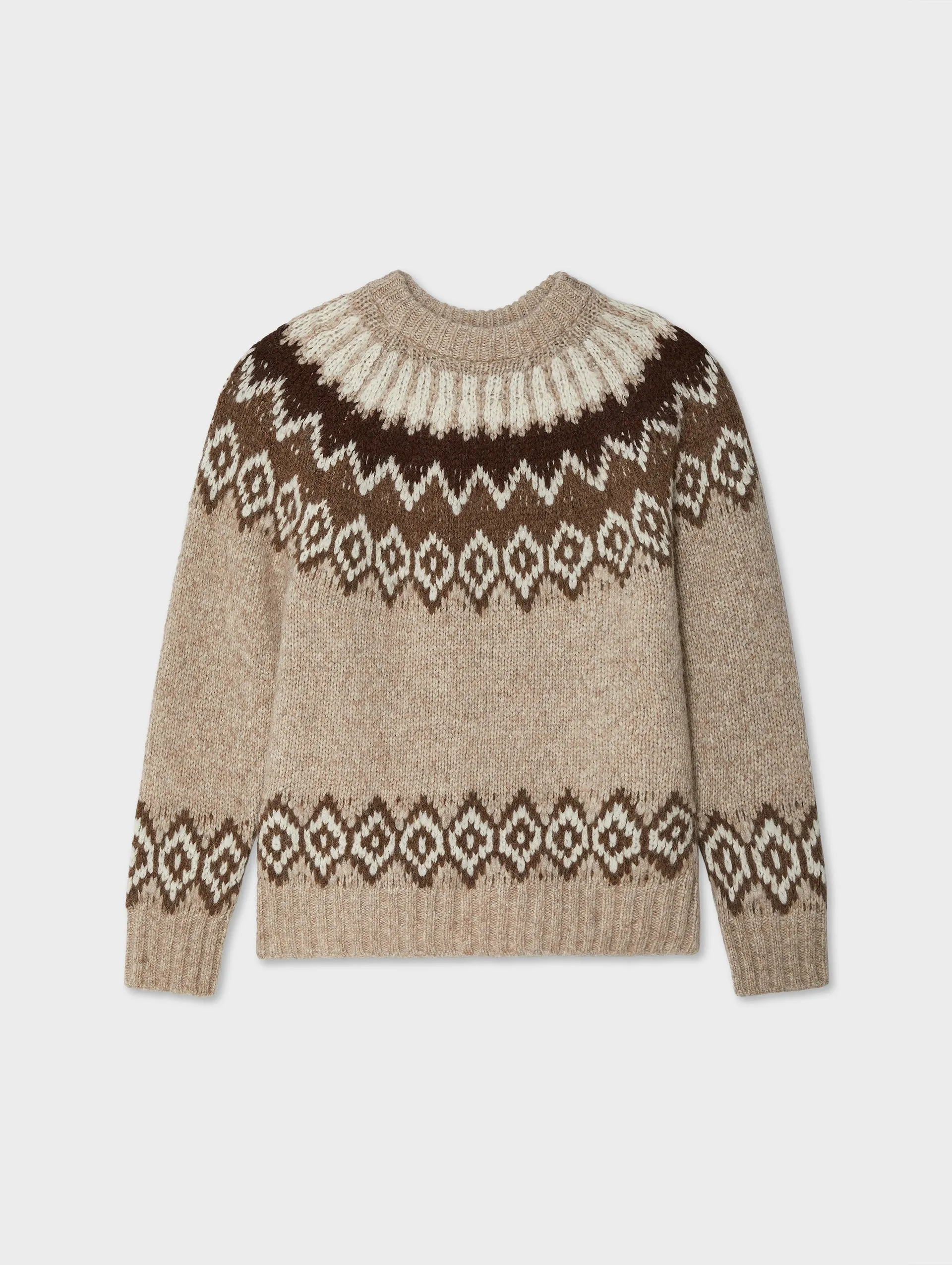 White   Warren - Plush Alpaca Blend Faire Isle Crewneck in Brown Combo