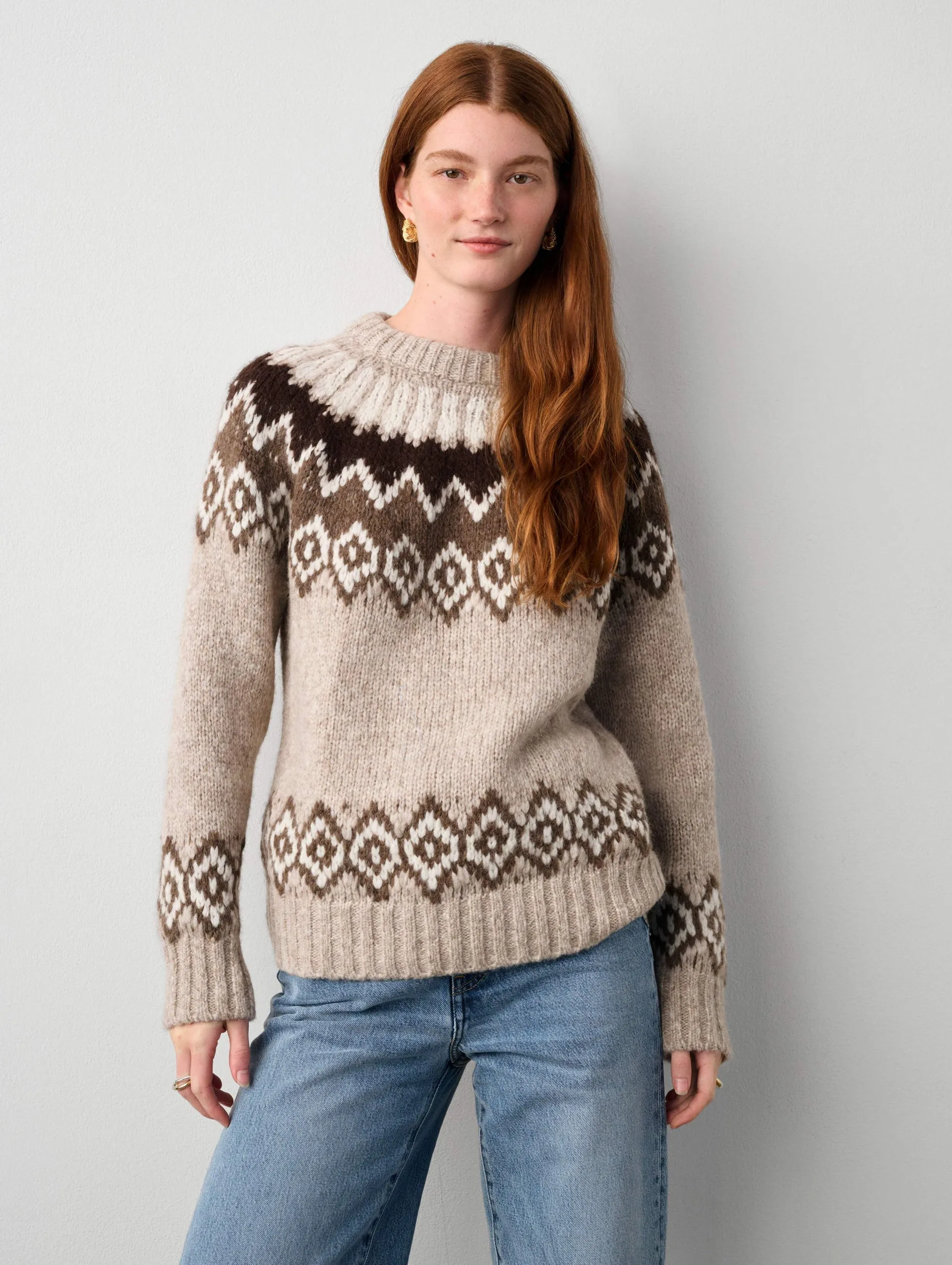 White   Warren - Plush Alpaca Blend Faire Isle Crewneck in Brown Combo