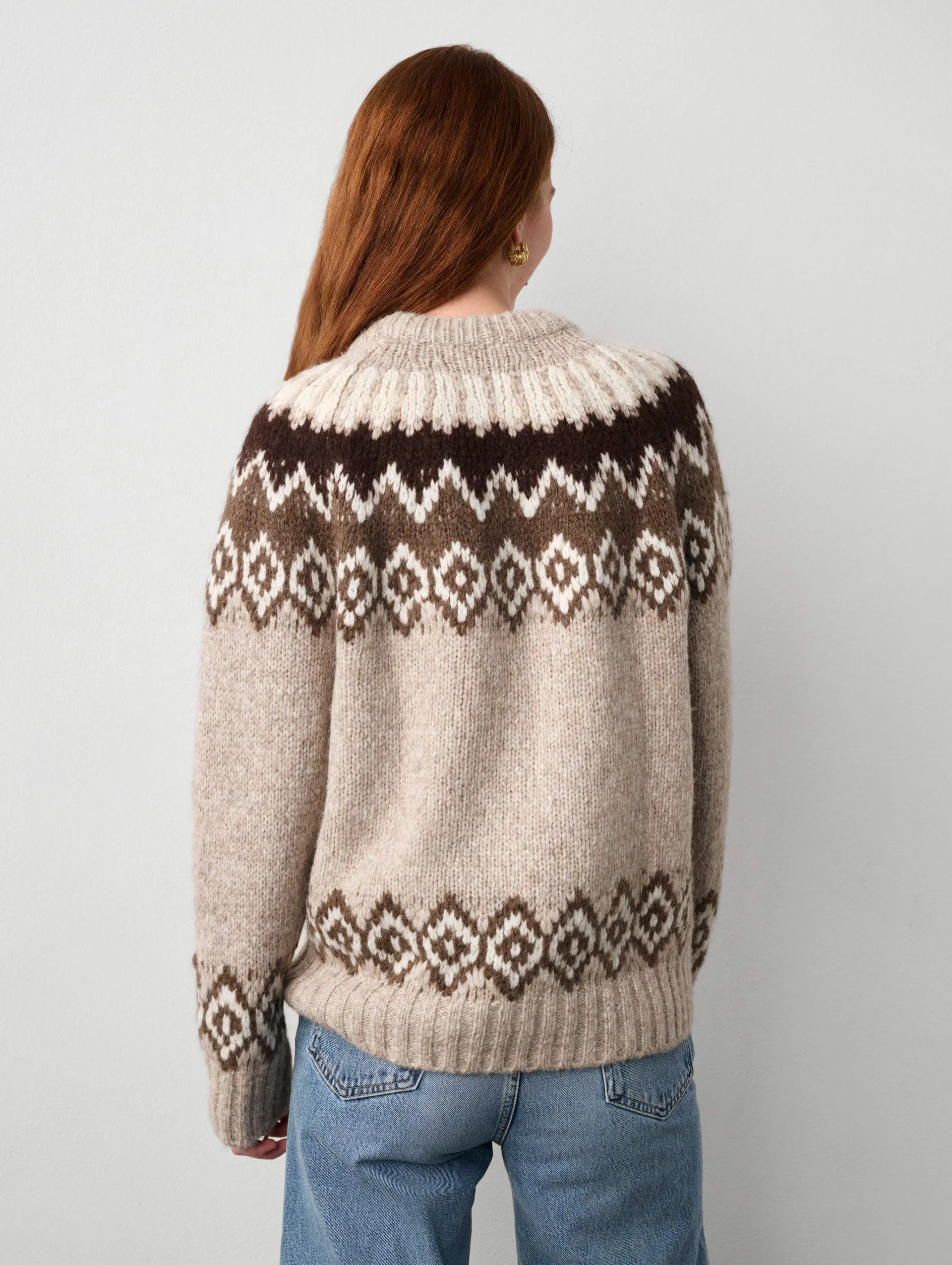 White   Warren - Plush Alpaca Blend Faire Isle Crewneck in Brown Combo