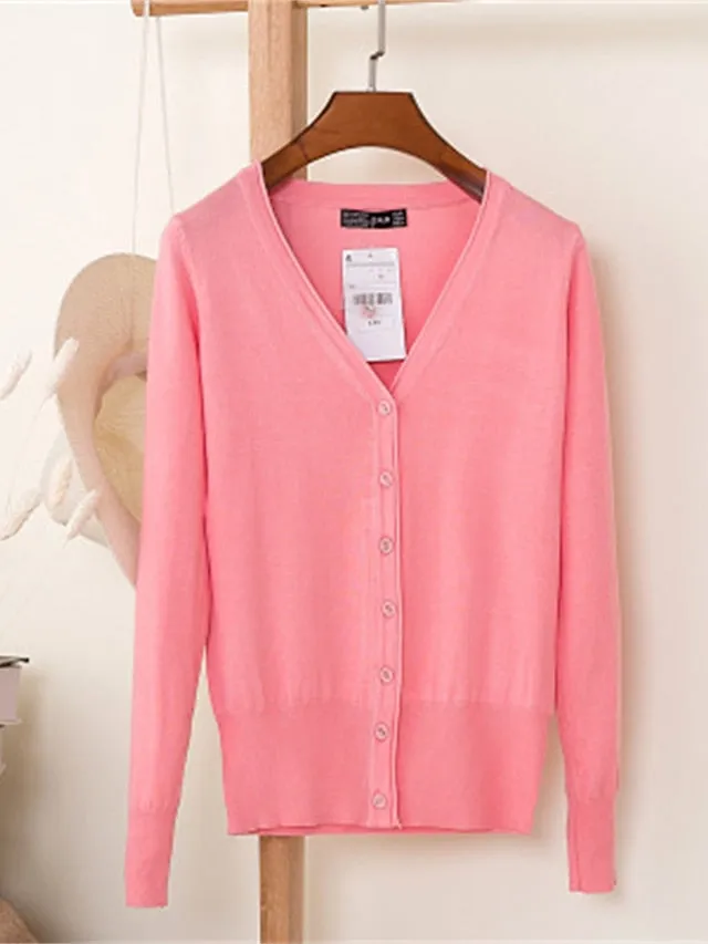 Women's Cardigan Sweater Jumper Knit Button Knitted Pure Color V Neck Stylish Casual Outdoor Work Spring Summer Purple Pink M L XL / Cotton / Long Sleeve / Cotton / Regular Fit / Going out