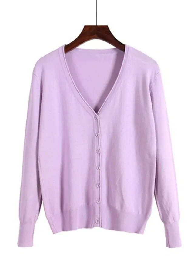 Women's Cardigan Sweater Jumper Knit Button Knitted Pure Color V Neck Stylish Casual Outdoor Work Spring Summer Purple Pink M L XL / Cotton / Long Sleeve / Cotton / Regular Fit / Going out