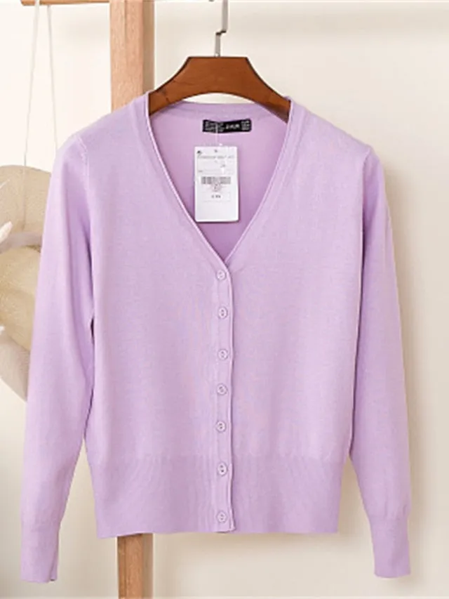 Women's Cardigan Sweater Jumper Knit Button Knitted Pure Color V Neck Stylish Casual Outdoor Work Spring Summer Purple Pink M L XL / Cotton / Long Sleeve / Cotton / Regular Fit / Going out