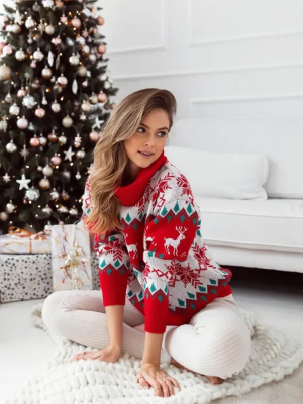 Women’s Christmas Print Casual Fit Large Turtleneck Jumper