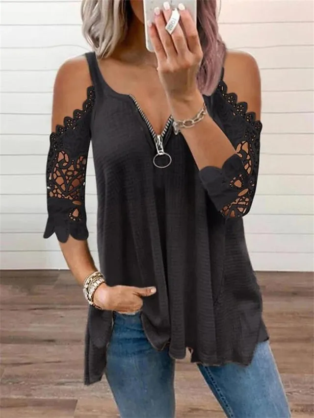 Women's Pullover Sweater Jumper Jumper Waffle Knit Zipper Lace Trims Pure Color V Neck Stylish Casual Outdoor Daily Summer Spring Black White S M L